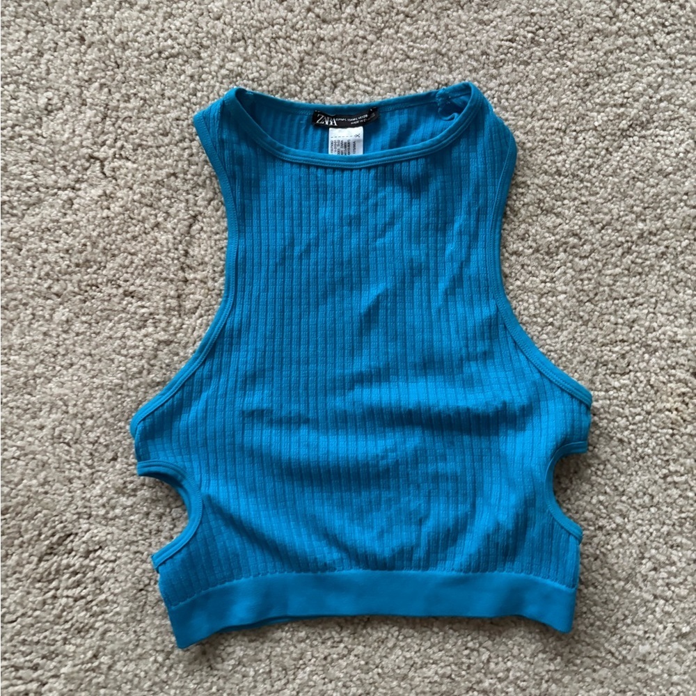 zara cropped cutout bright blue high neck tank top size medium-large m-l